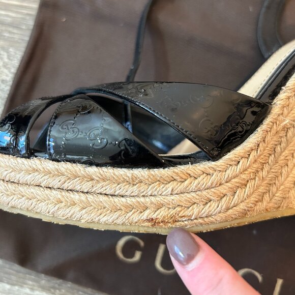 Gucci Monogram Vernice Microguccissima Espadrille Wedges Size 39.5 - Picture 6 of 13